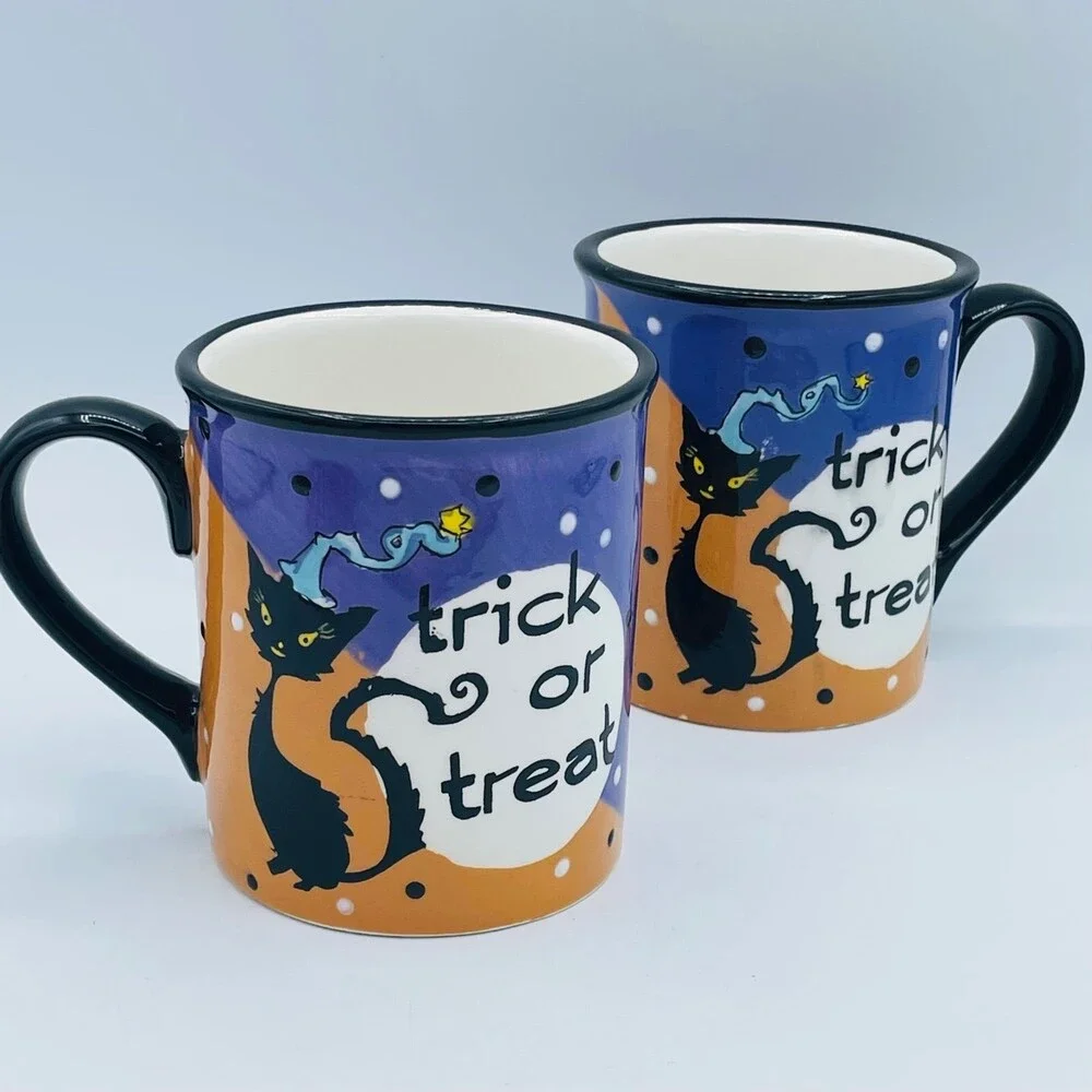 Halloween Pair of Black Cat Trick or Treat Full Moon Coffee Tea Mugs